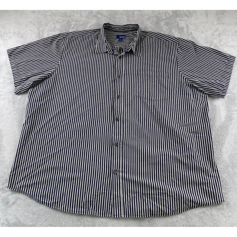Basic Editions Mens 4XL Short Sleeve Button Down Shirt Navy Blue Tan Striped